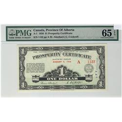 Provicne of Alberta, 1936 $1 Prosperity Certificate #1122, A-1, PMG Gem UNC65EPQ.