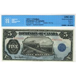 1912 $5 DC-21g #C321332, CCCS UNC63.  Well centered and very bright.  A superb example of this very 
