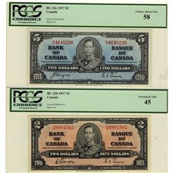 1937 $2 BC-22b EF45 & $5 BC-23c AU58.  Lot of 2 notes both PCGS graded.