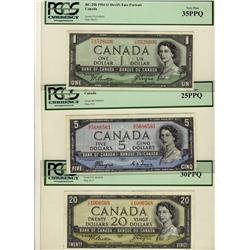 1954 $1 BC-29b #I/A3528606 PCGS VF35PPQ and 1954 $5 BC-31a  B/C5686561 PCGS VF25PPQ and 1954 $20 BC-