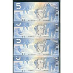 2001 $5 BC-62a #AOF1808440-443.    Lot of 4 consecutive notes.  CH UNC.