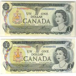 1973 $1 BC-46a.  Lot of 2 Low Serial Numbered notes @GK0000030 VF & EAM000091 Choice UNC.