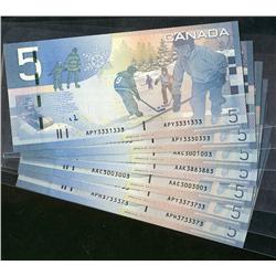 RADARS, 2009 $5 BC-67b.  Lot includes, #APY3373733, AAC3003003, APH3733373, AAK3883883, AAC, 3001003
