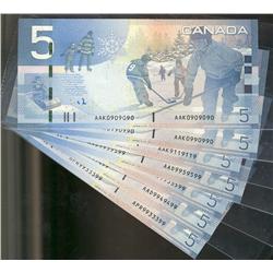 RADARS, 2009 $5 BC-67b.  Lot includes #AAK0909090, AAK0990990, AAK9119119, AAD9959599, AAD9955599, A