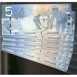 RADARS,  2009 $5 BC-67b.  Lot includes #AAK0880880, AAC3030303, APZ5353535, APZ5355535, APP7767677 A