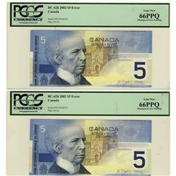 Error note,  2002 $5 BC-62b PCGS Gem New UNC66 PPQ, Misaligned Face printing.  Lot of 2 notes in con