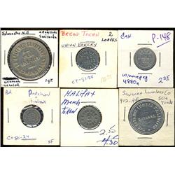 Lot of 6 Bakery tokens.  Winnipeg, Edmunston, NB, Halifax, NS, Ottawa, Ontario.