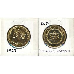 1967 100th Confederation Gold plated Medal.  Coin shows counterstamp 'THE 14 OLD TIME SALESMEN'.  Sh