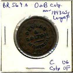 Breton: 569A 1843 Devins & Bolton Montreal on USA Large 1¢ F-VF