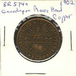 Breton: 574a, Gnaedingen Moose Head copper, 1902, Choice Unc.