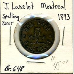 Breton: 648 J. Lanelot, (Lanclot)  Montreal 1893 Spelling error.  VF-EF