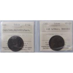 LC58B F12 & LC58A1 VF20, Br:1002.  Lot of 2 tokens including the Small bust design (light corrosion)