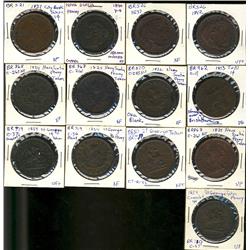 Large lot of 13 tokens.  All One Penny tokens, variety of dates mainly common issues.  Grades vary f