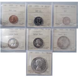 1953 Year Set includes 1¢ NSF MS65, 5¢ NSF FL MS65, 10¢ NSF through to $1 all in MS64.  Lot of 7 coi