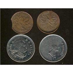 ERROR Coinage.  Lot of 4 coins all with minor errors.  Lot includes 1980 1¢ Thinned planchet with ca