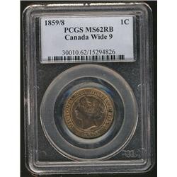 1859 1¢ Wide 9 PCGS MS62RB. Full lustre and attractive.