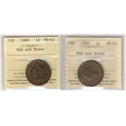1888 & 1900 1¢ ICCS MS63RB.  Lot of 2 coins.