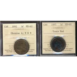 1892 1¢ Obv 4 MS62RB & 1895 MS60 Trace Red.  Lot of 2 ICCS graded coins.