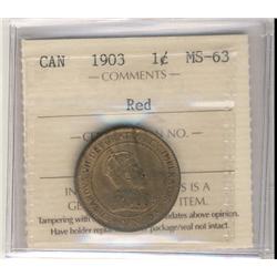 1903 1¢ ICCS MS63RD.  75% red.