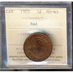 1909 1¢ ICCS MS63RD.  Lustrous with burgundy finish.