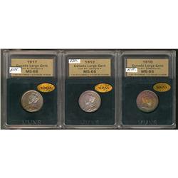 1910, 1912 & 1917 1¢ MS66.  Lot of 3 coins graded by Michigan Masters Numismatic Services (MMNS).  R