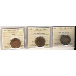 1912 & 1917 1¢ MS63, 1919 MS62.  Lot of 3 ICCS graded coins designated RB except 1917 which is full 