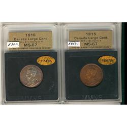 1915 & 1916 1¢ MS67.  Lot of 2 coins graded by Michigan Masters Numismatic Services (MMNS).  Red/Bro