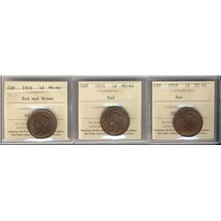 1918 & 1919 1¢ MS64RD and 1919 MS64RB.  Lot of 3 ICCS graded coins.
