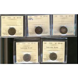 1924 1¢ EF40, 1926 EF45, 1931 AU50, 1928 & 1936 MS62 lustrous brown.  Lot of 5 coins all ICCS graded