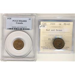 1928 1¢ PCGS MS64RB & 1929 ICCS MS63RB.  Lot of 2 coins both certified.