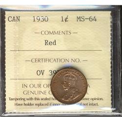 1930 1¢ ICCS MS64RD. 95% red with full lustre and light rim tone on reverse.