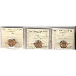 1937, 1939 & 1940 1¢ ICCS MS65RD.  Lot of 3 coins.