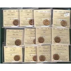 1939, 1950, 1952, 1953 NSF, 1953 NSF Hanging 3 & 1955 1¢ ICCS MS65RD.  Lot of 12 coins, two of each 