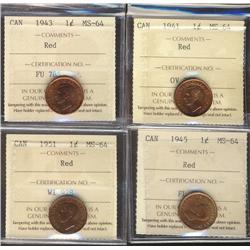 1941 1¢, 1943, 1945 & 1951 ICCS MS64RD.  Lot of 4 coins.