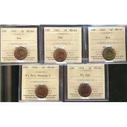 1941(2) 1¢, 1951, 1954 SF & 1954 SH Hanging 4 ICCS MS64RD.  Lot of of 5 coins.