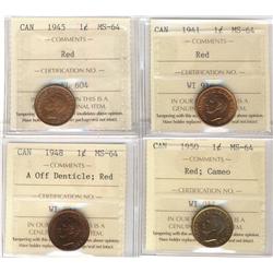 1941, 1945, 1950 Cameo & 1948 A Off 1¢ ICCS MS64RD.  Lot of 4 coins.