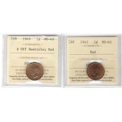 1943 & 1949 A Off 1¢ ICCS MS65RD.  Lot of 2 coins.