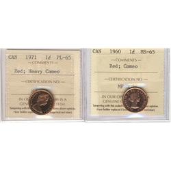 1960 MS65RD & 1971 1¢ PL65.  Lot of 2 ICCS graded coins with Cameo and Heavy Cameo designations resp