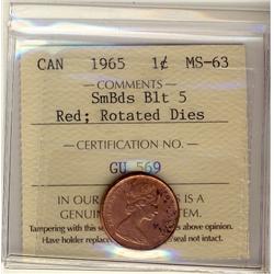 1965 1¢ SmBds Blt 5 ICCS MS63 Red; Rotated Dies,