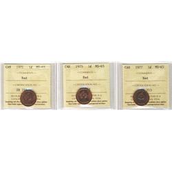 1971, 1975 & 1977 1¢ ICCS MS65.  Lot of 3 coins all red.