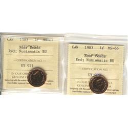 1983 1¢ Near Beads ICCS MS66 & MS67RD.  Lot of 2 NBU designated examples.