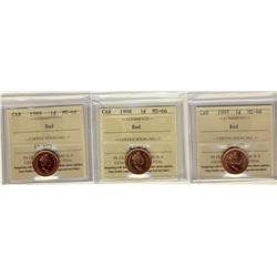 1997,1998,1999 1¢ ICCS MS66 Red, Lot of 3 coins,