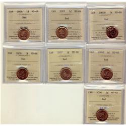 2000W, 2003, 2006, 2006P, 2007, 2008, 2009, 1¢ ICCS MS66 Red,  Lot of 7 coins,