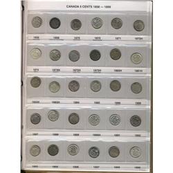 A superb and virtually complete collection of Five cent silver pieces.  1858 to 1920.  All the major
