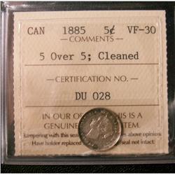 1885 5¢ 5 over 5 ICCS VF30.  Designated, Cleaned.