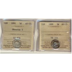 1888 & 1891 Obv 5 5¢ ICCS AU55. Lot of 2 coins.