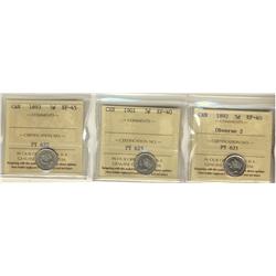 1893  EF45, 1892 Obv 2 & 1901 5¢ ICCS EF40.  Lot of 3 coins.