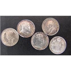 1902 EF45, 1906 EF45, 1911 MS60, 1913 AU50, 1920 AU50 (DELAMINATED PLANCHET).  Lot of 5 Five cent pi