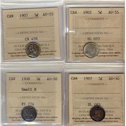 1902, 1905 5¢ AU55 & 1907, 1908 Sml 8 5¢ AU50.  Lot of 4 ICCS coins.