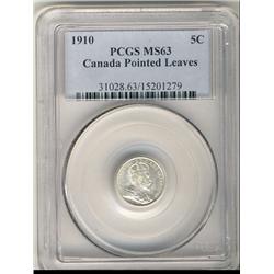 1910 5¢ Pointed Leaves PCGS MS63.  Blast white and lustorus.